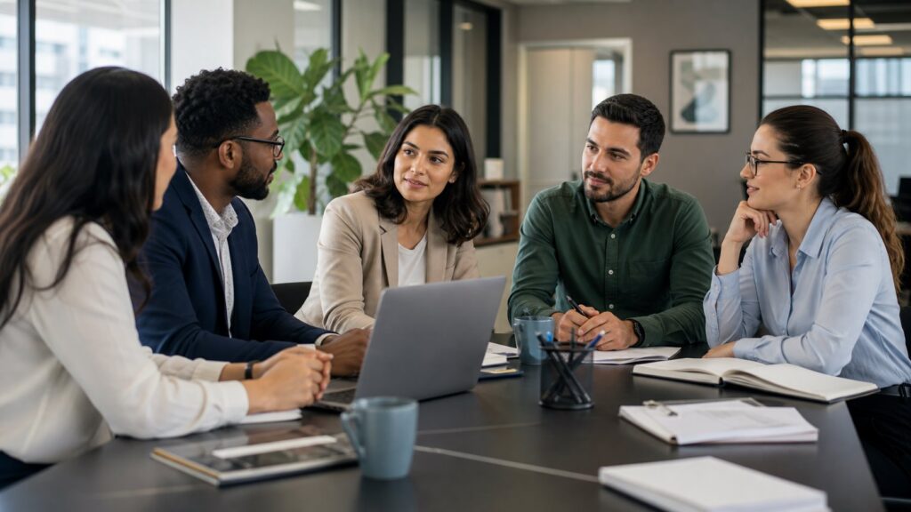 Equipe em análise de plano de saúde empresarial para empresas