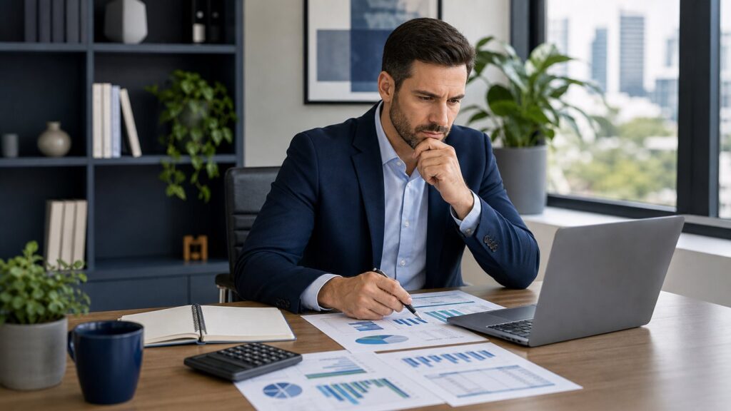 Empresário analisando projeções financeiras para plano de saúde empresarial