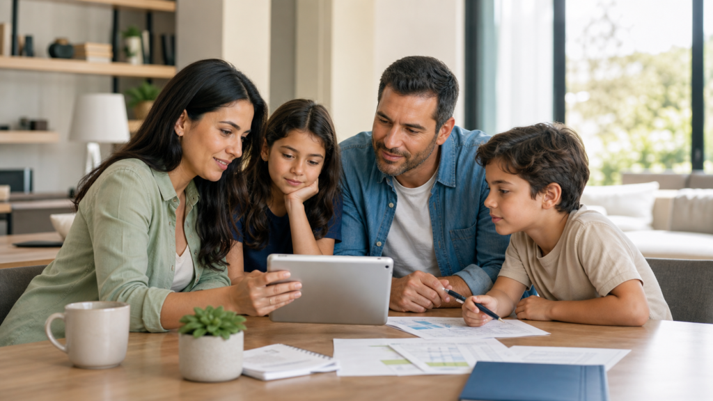 Família avaliando plano de saúde familiar com orientação consultiva