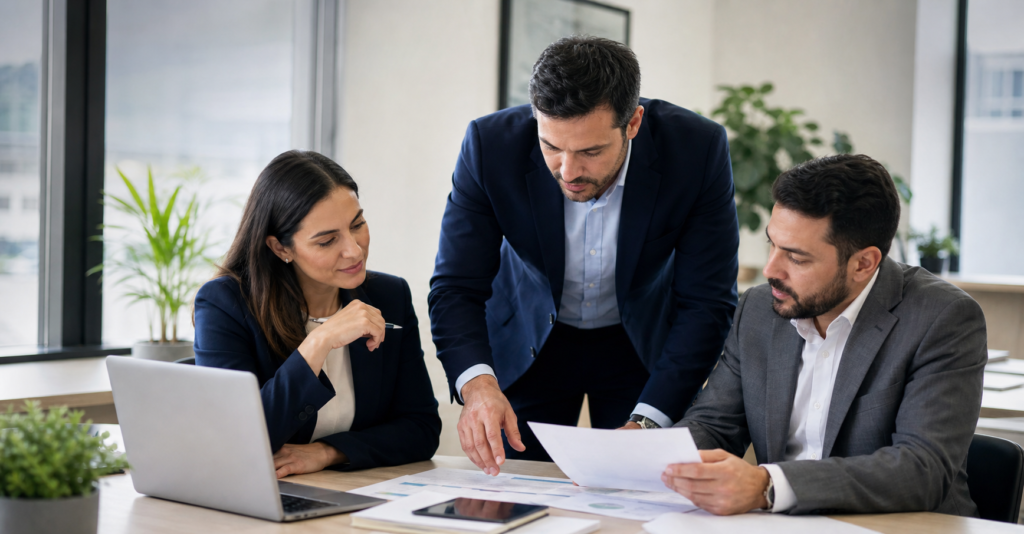 Equipe consultiva da Costa Ferrê analisando soluções de seguros e planos de saúde