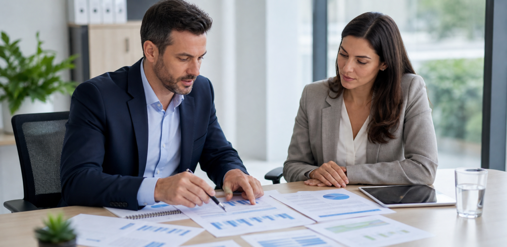 Reunião estratégica com análise comparativa de seguros e planos de saúde